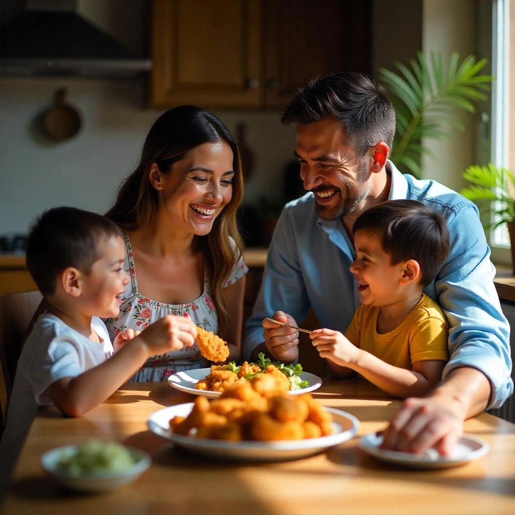 Familia Feliz Comiendo Alitas de Pollo